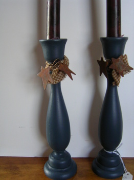 Blue Candlesticks With Homespun