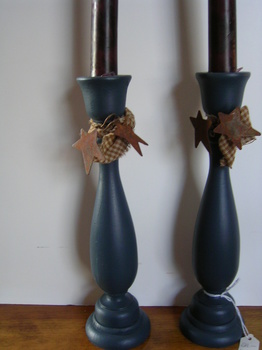 Blue Candlesticks With Homespun